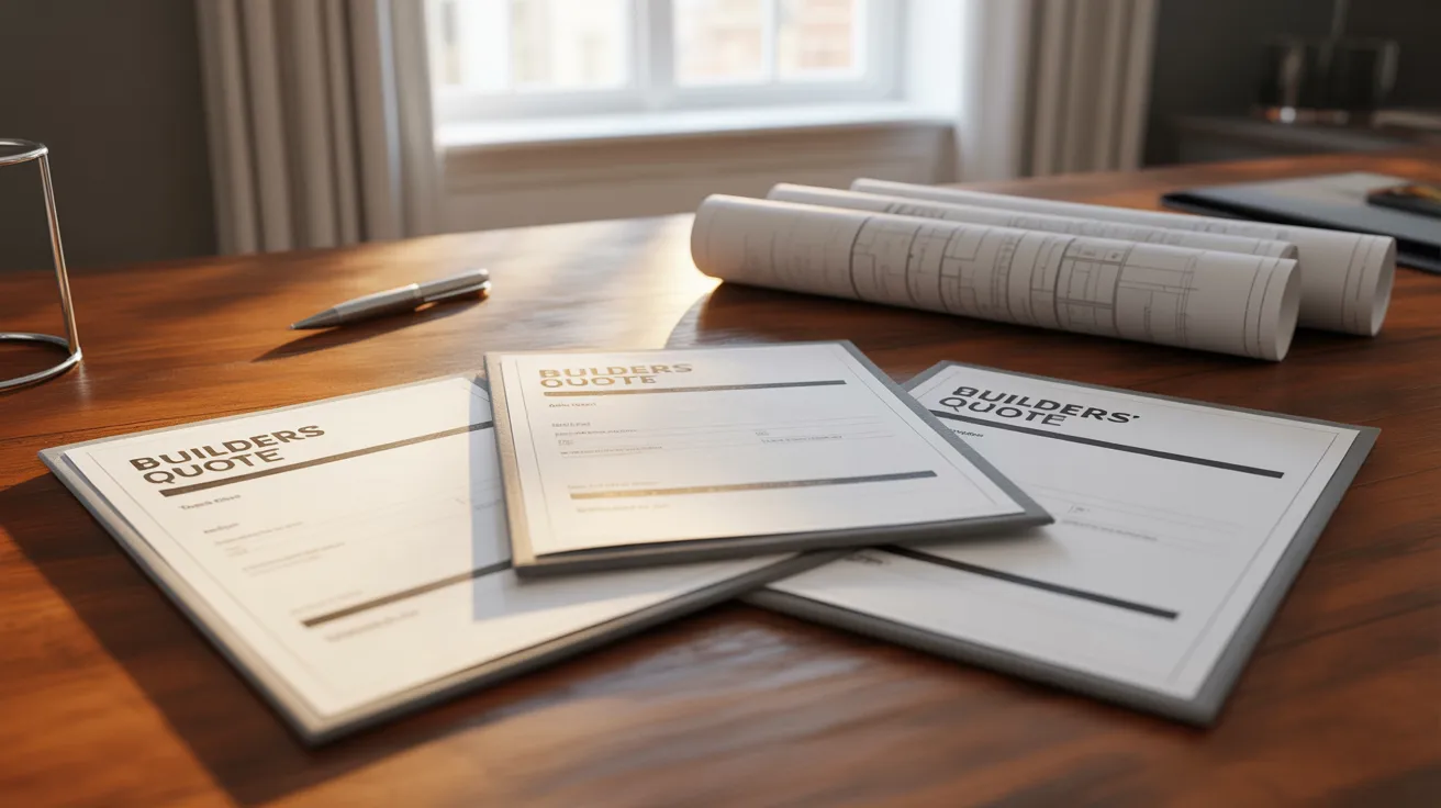 Three builders' quote documents on a desk with architectural plans in a London home