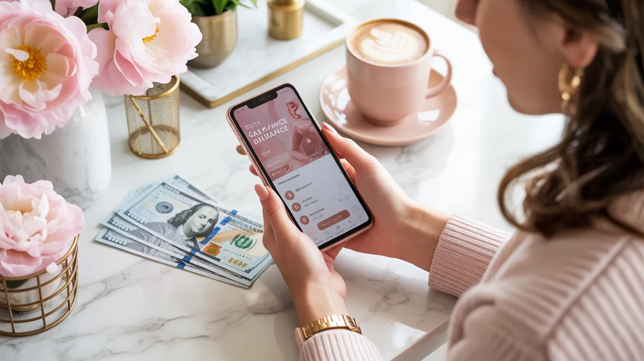 Elegant feminine workspace with smartphone showing finance app surrounded by pink peonies and dollar bills