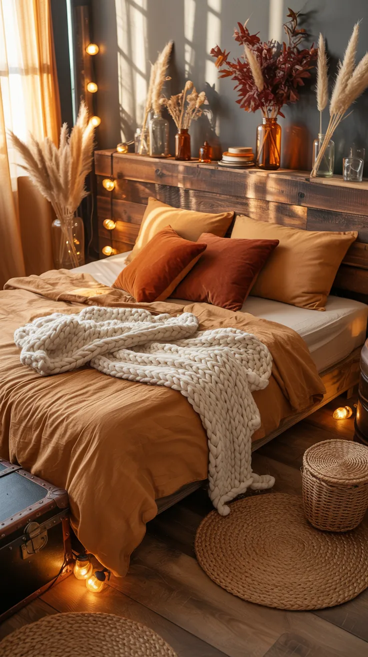  cozy bedroom with rust-colored pillows, chunky knit blanket, dried florals, warm golden lighting, autumn aesthetic, inviting and warm