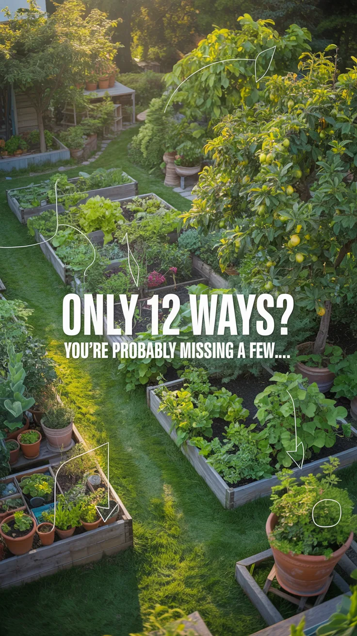 Lush garden scene with vegetables, herbs, containers, trees, and lawn areas thriving, representing the many ways worm castings can be used in different parts of a garden.