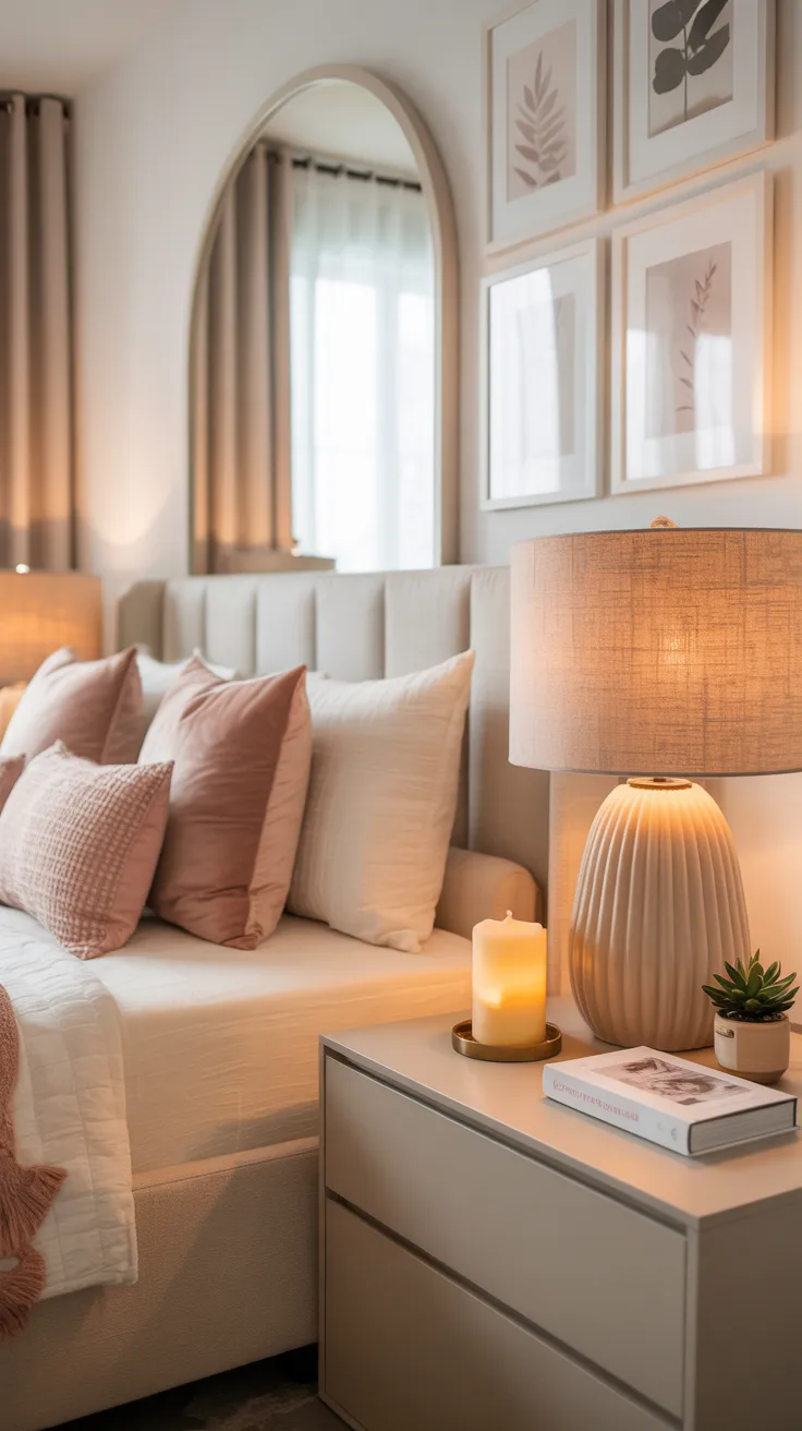 soft cream and blush neutral palette, perfectly styled bed with layered pillows, arched mirror, framed wall art, sculptural lamp, clean nightstand styling, cozy candle glow, subtle modern decor, airy natural light, polished but warm, ultra realistic editorial photography, visually balanced composition, trendy and feminine, luxury apartment feel