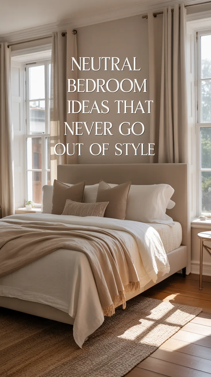 A timeless beige bedroom in layered neutrals, creamy bedding, oat and taupe pillows, upholstered headboard, linen drapes, warm wood tones, soft sunlight, textured rug, minimal but rich styling, sophisticated and calming atmosphere, luxurious neutral bedroom decor, elegant realistic photography, designer-inspired but livable, warm and cozy without feeling plain