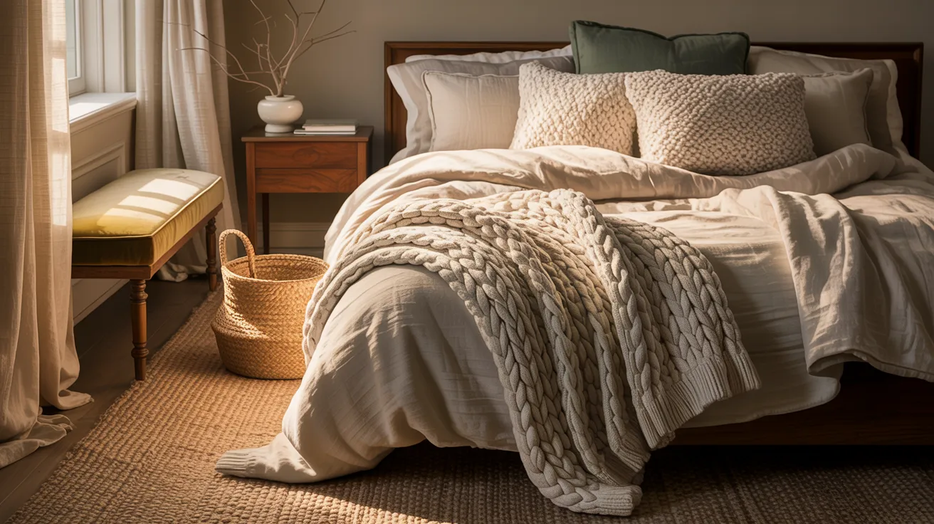 A close, richly styled, cozy bedroom scene emphasizing texture, linen bedding, boucle pillows, a chunky knit throw, a woven basket, a plush rug, soft curtains, an upholstered bench, a warm wood nightstand, realistic editorial photography, and a highly tactile, inviting, layered, cozy aesthetic.