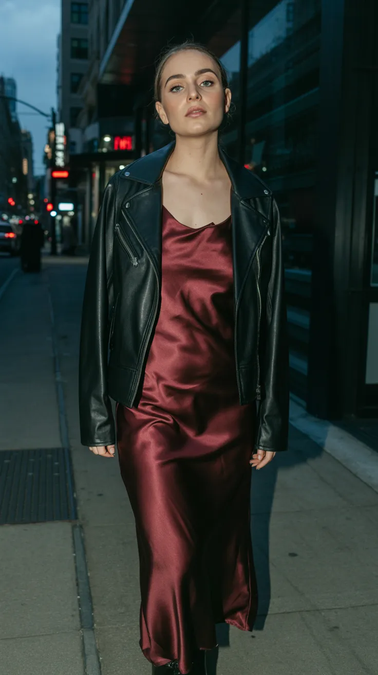 Dark feminine outfit ideas leather jacket over burgundy slip dress