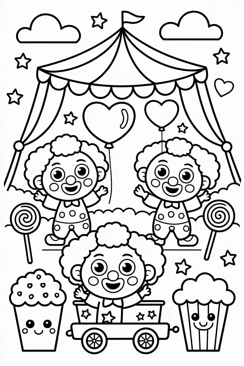 Kawaii circus scene coloring pages