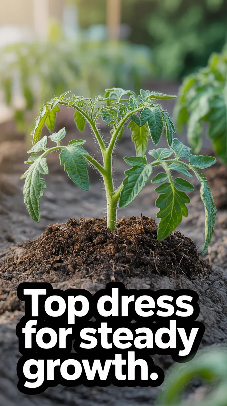 Worm castings sprinkled around the base of a tomato plant as a top dressing in a vegetable garden.