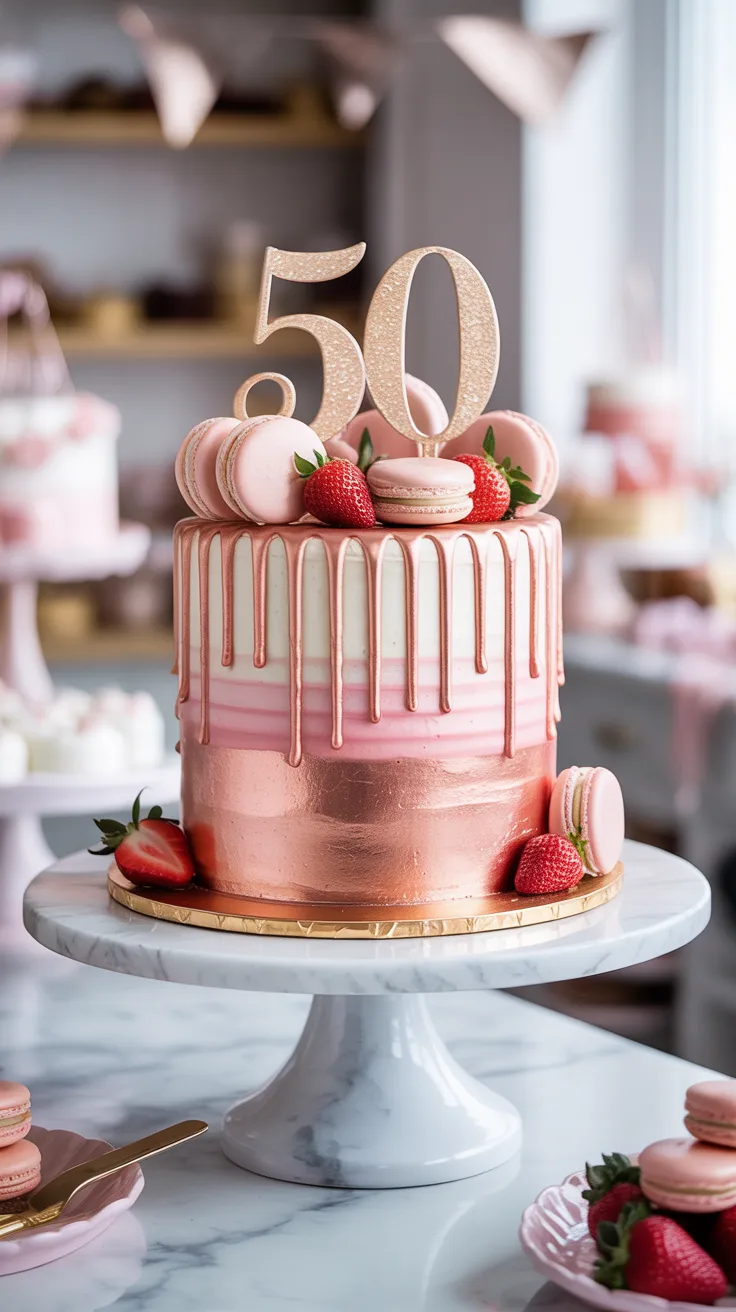 Rose gold ombre birthday cake with white chocolate drip and gold 50 topper on marble stand