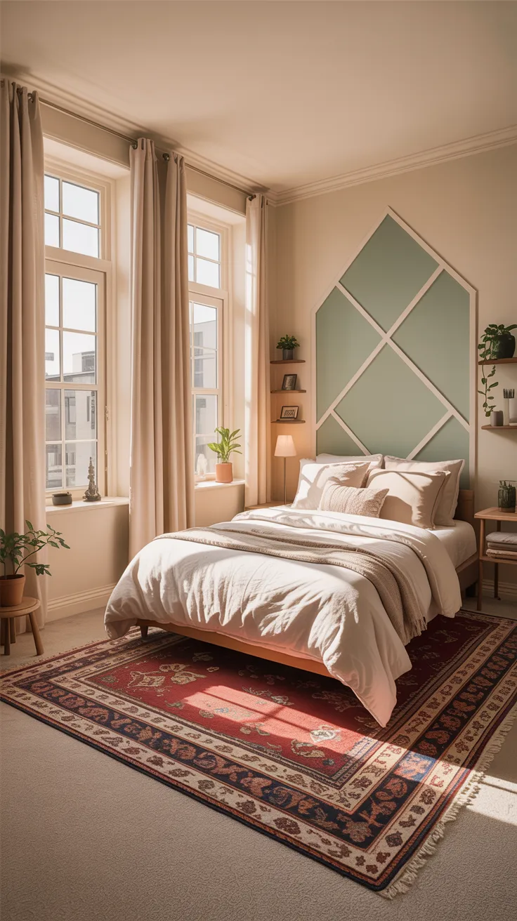 small apartment bedroom with peel-and-stick accent wall, layered rugs over carpet, tall curtains, compact layout but warm, cozy neutral decor, realistic renter-friendly design,warm sunlight filtering in