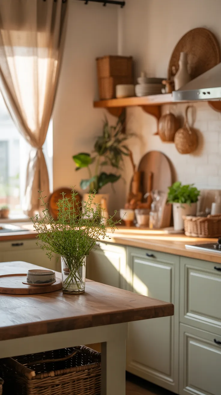 A warm, sunlit kitchen interior with a rustic modern aesthetic. In the foreground, a wooden butcher block counter with a natural wood grain pattern holds a clear glass jar containing fresh green herbs. Behind it, mint green cabinets with white trim and black knobs line the wall. A wooden shelf mounted on the wall displays brown woven baskets, ceramic plates, and hanging kitchen utensils. A sheer beige curtain hangs at the window, allowing natural sunlight to filter through and create soft shadows. Green houseplants in white ceramic pots are placed throughout the space. The countertops are light wooden butcher block, and there are woven basket storage items visible at the bottom of the frame. The overall color palette consists of warm browns, mint green, beige, and natural wood tones, creating a cohesive farmhouse style kitchen space.