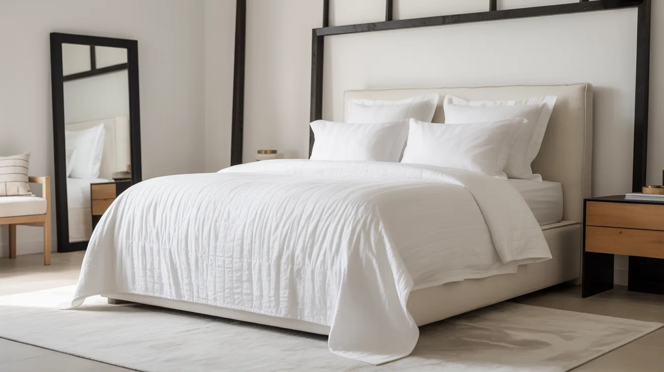 A refined black and white bedroom with white as the dominant tone and black accents, crisp white bedding, black-framed art, minimal furniture, soft rug, subtle wood warmth, clean, sophisticated atmosphere, timeless, and elevated styling