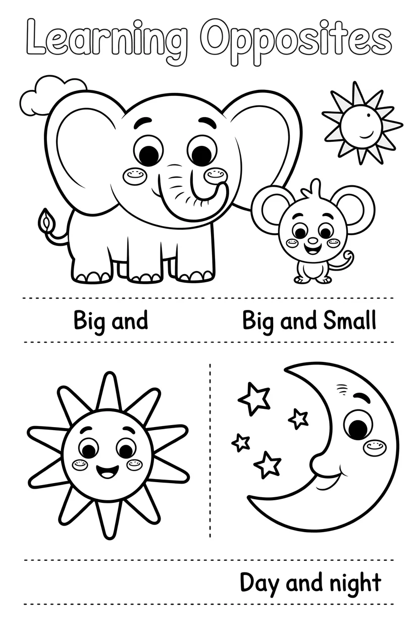 5 learning opposites coloring pages worksheet