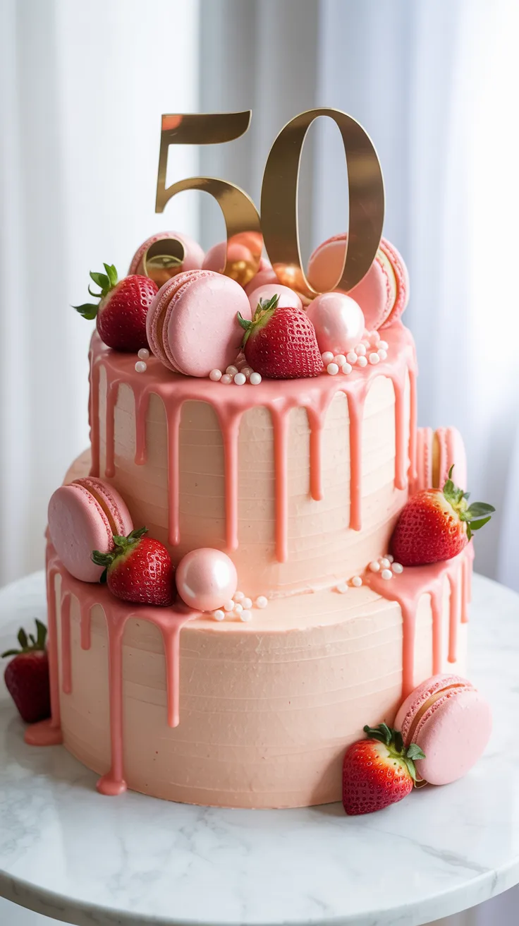 Pink champagne drip birthday cake with blush buttercream, strawberries, and gold 50 topper