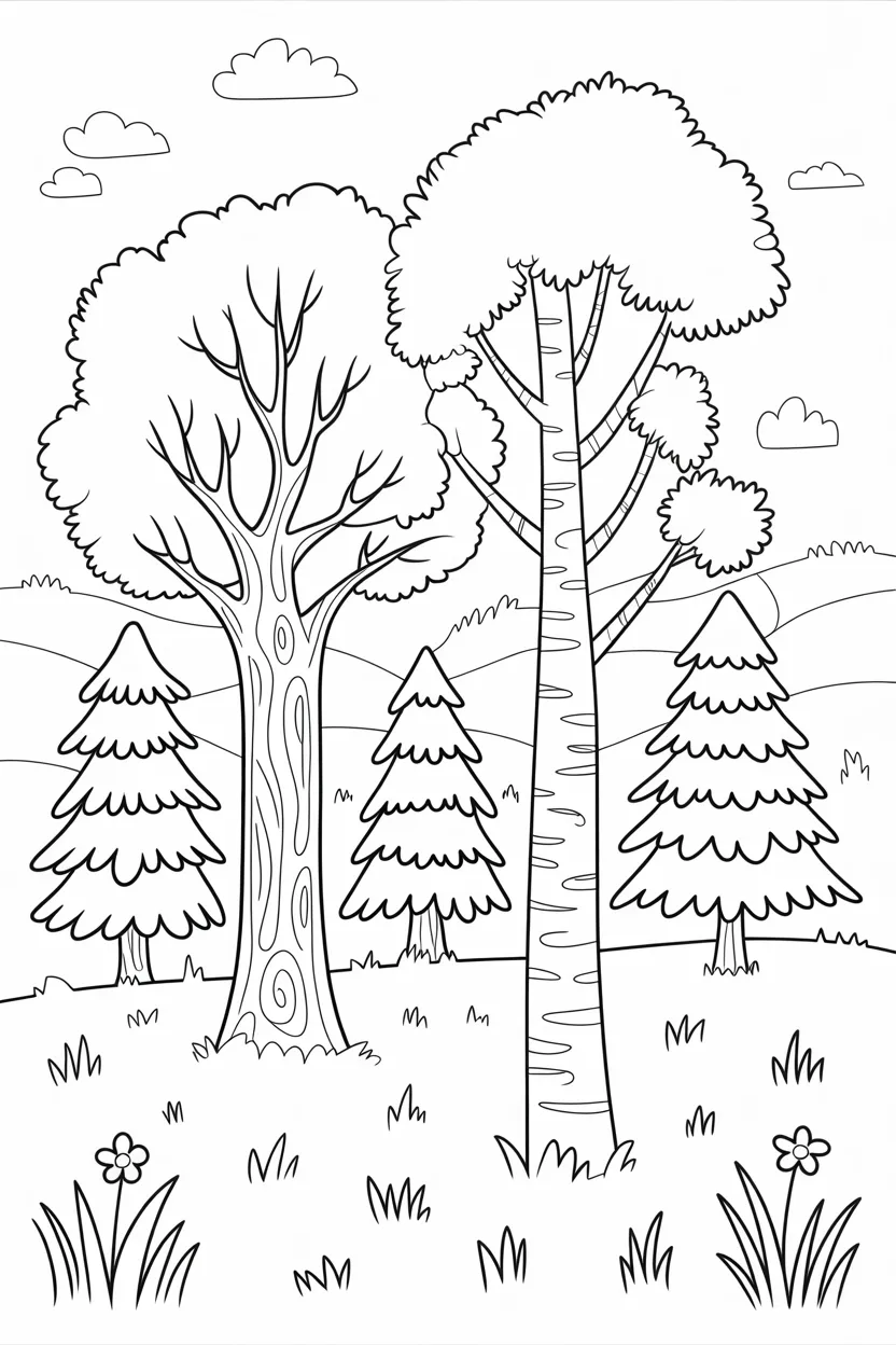5 Trees coloring pages free printable