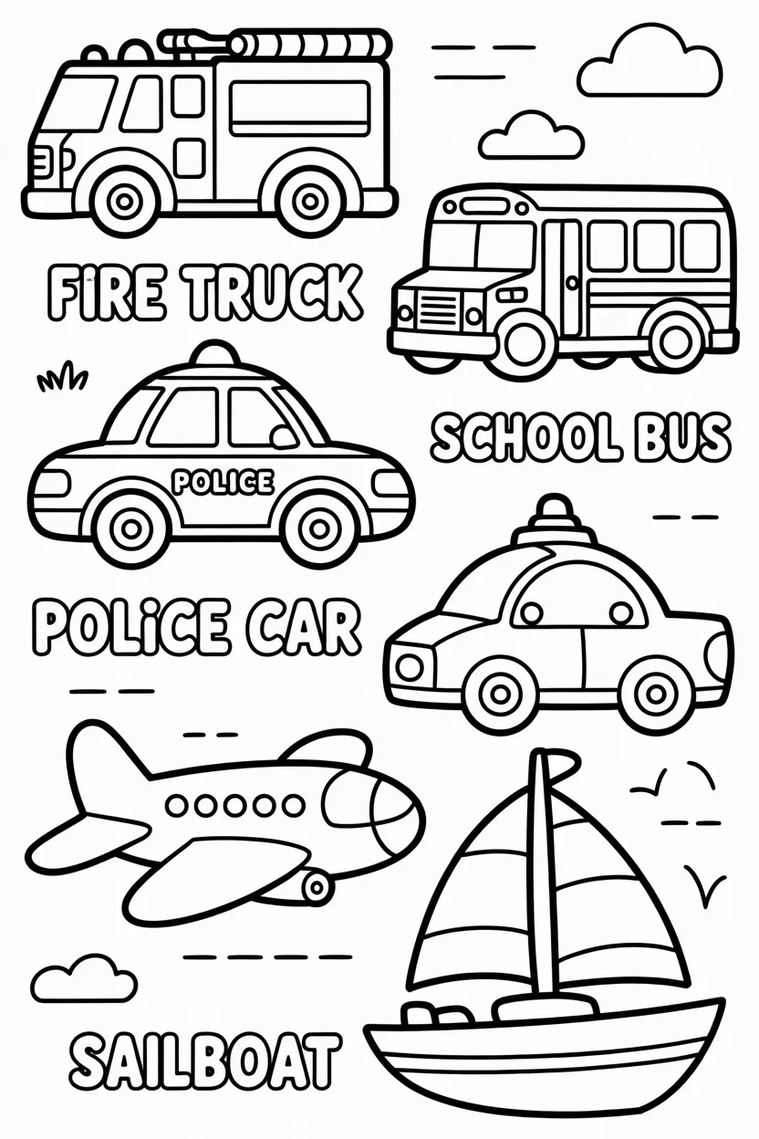 5 Vehicles coloring pages free printable