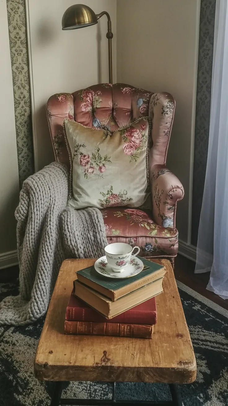 Vintage distressed wood furniture in a cozy country bedroom setting