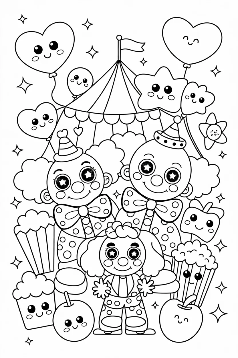 Kawaii circus scene coloring pages