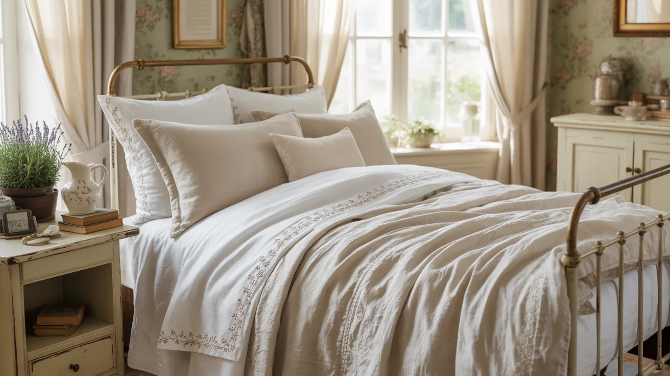 A soft cottage bedroom with charming layered details, creamy bedding, painted wood furniture, airy curtains, subtle floral accents, vintage bedside decor, bright cozy atmosphere, timeless cottage charm