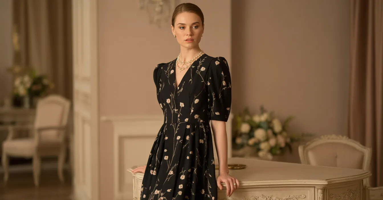 Vintage Floral Midi Dress with Pearl Details