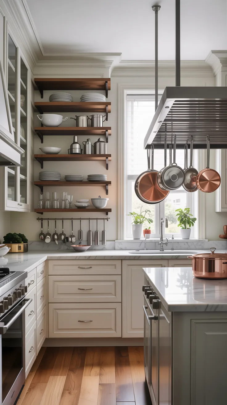A modern luxury kitchen interior with white cabinets and hardwood flooring. The kitchen features open wooden shelving on the left wall displaying white plates, silver serving pieces, and glassware. A large window with white trim allows natural light to stream in, with small potted plants on the windowsill. A gray island with a marble countertop sits in the center, featuring a built-in cooktop. The main counter has a stainless steel range hood mounted above it. Multiple copper-colored cooking pots and pans hang from a black pot rack mounted under the window. The cabinets are painted in a warm beige color with silver handles. The hardwood floor has a natural oak finish with visible wood grain patterns. The ceiling is white with crown molding, and the overall design combines traditional elements with contemporary finishes. The kitchen has a clean, uncluttered appearance with a neutral color palette dominated by whites, beiges, and warm wood tones.