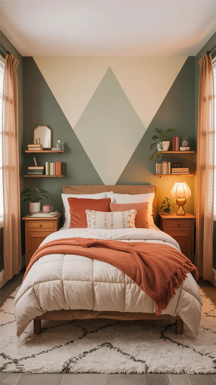 small apartment bedroom with peel-and-stick accent wall, layered rugs over carpet, tall curtains, compact layout cozy budget bedroom makeover with thrifted wood nightstands, layered affordable bedding, soft rug, warm lamp glow, inviting atmosphere, realistic lived-in aesthetic,  natural light