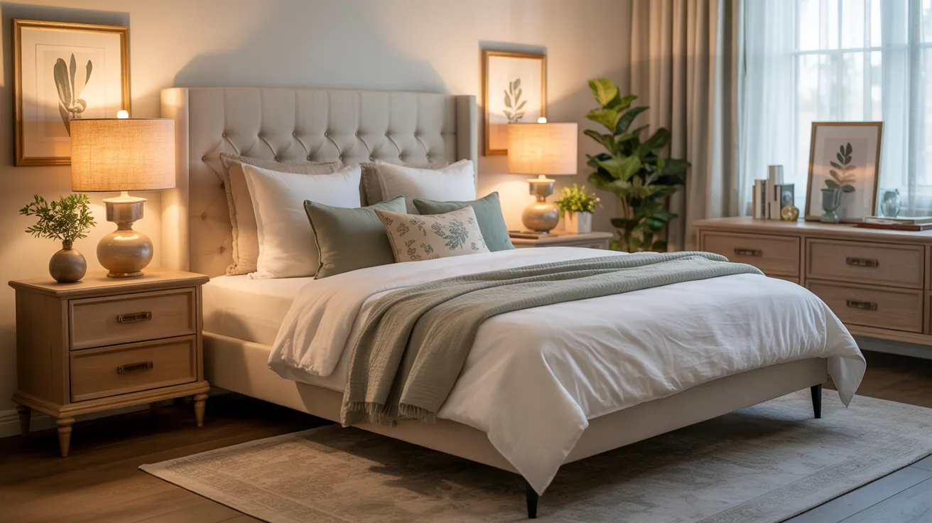 A realistic and beautiful medium-sized bedroom with smart styling choices, balanced layout, scaled furniture, soft neutral palette, good lighting, practical but elevated design, relatable and aspirational home decor scene