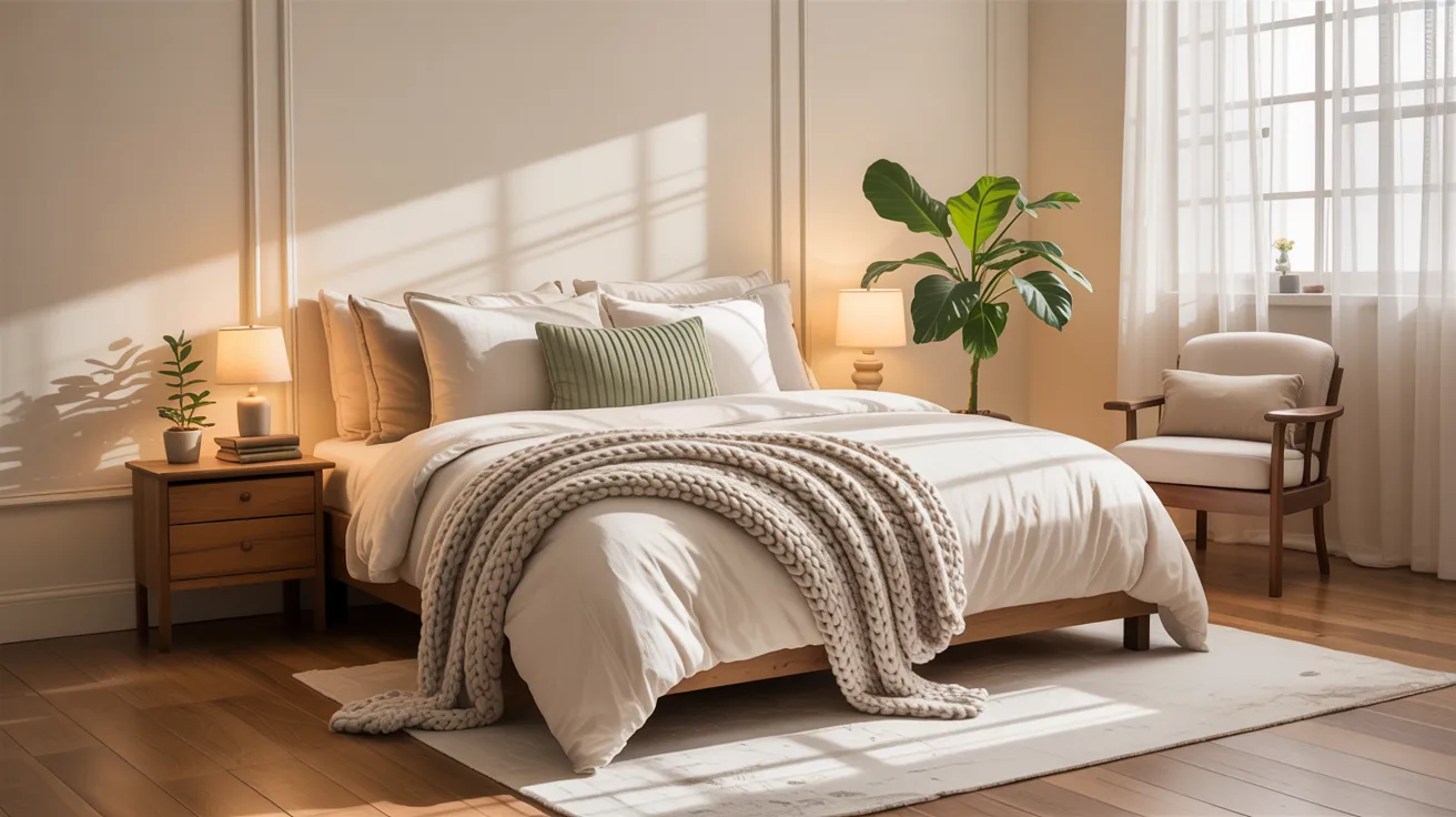 A warm, minimalist bedroom interior with natural sunlight streaming through a window on the right side, casting diagonal shadows across the cream-colored walls. The centerpiece is a queen-sized bed with crisp white bedding, multiple light gray pillows, and a chunky knit beige throw blanket draped across the foot. A sage green decorative pillow sits among the white pillows. Two matching wooden nightstands with table lamps featuring cream-colored shades flank the bed. A large fiddle leaf fig plant with broad green leaves stands in a white pot in the corner. A beige upholstered armchair with wooden arms sits near the window. The room has hardwood flooring in a warm brown tone, and a white area rug beneath the bed. The walls feature vertical panel molding, and sheer white curtains filter the natural light. Small potted plants sit on the nightstands, and a small vase with flowers is placed on the window sill. The overall color palette consists of warm neutrals, whites, and natural wood tones, creating a serene and sophisticated atmosphere.