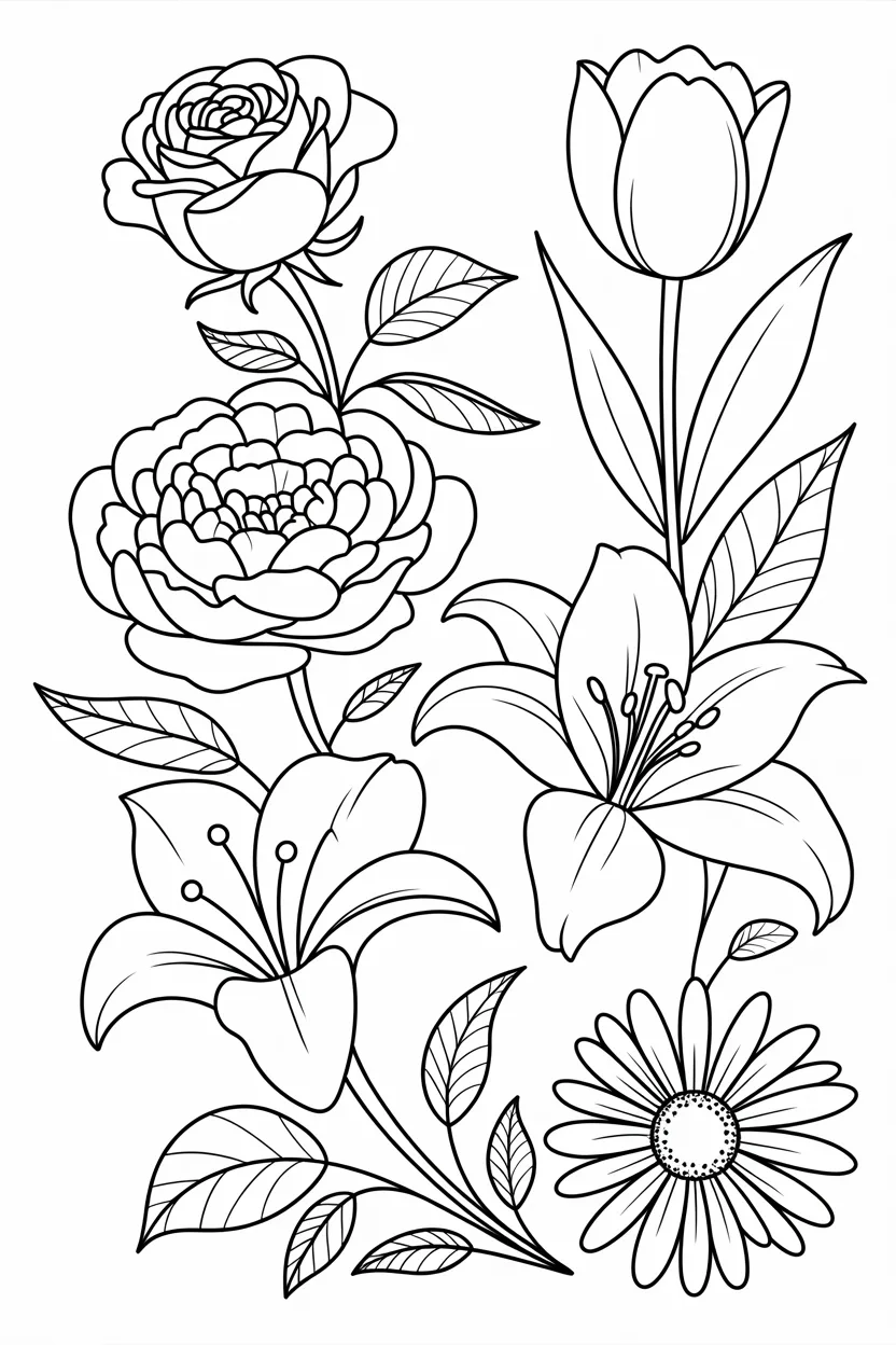 5 flowers coloring pages free printable