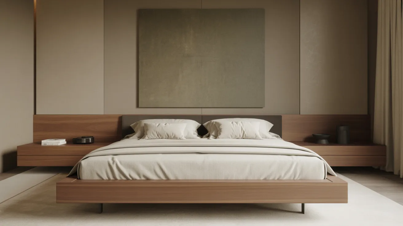 A clean modern bedroom with sleek lines and simple forms, a low platform bed, minimal nightstands, oversized modern art, a restrained palette of taupe, cream, black, and wood, soft daylight, refined and elevated atmosphere, polished designer bedroom aesthetic
