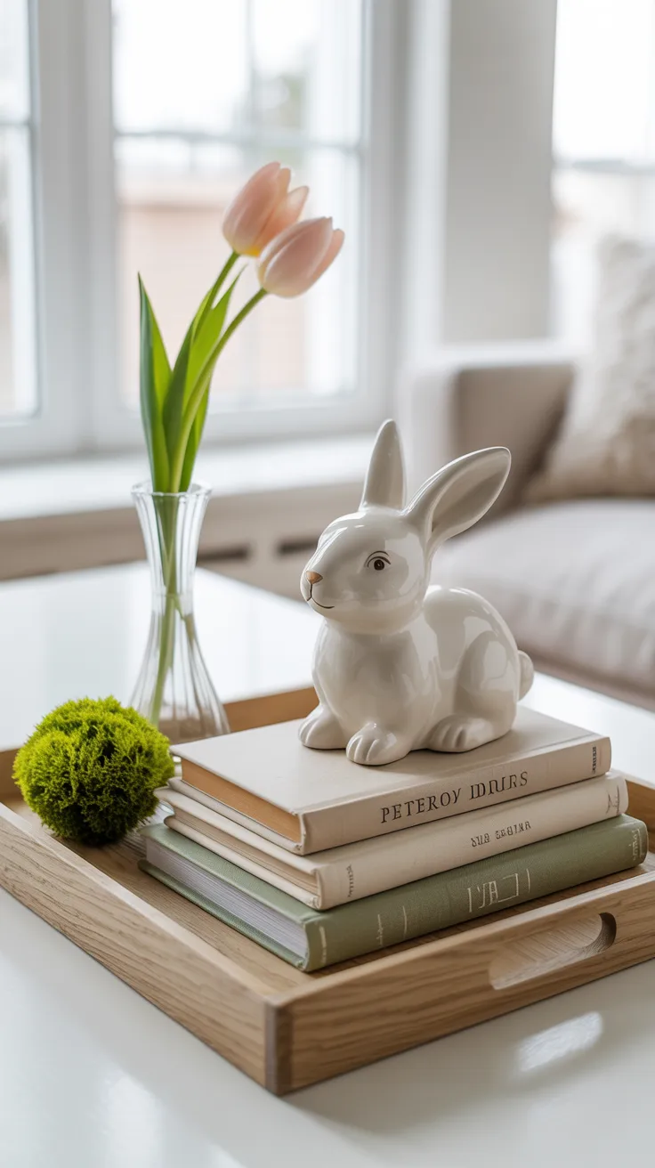 Spring coffee table vignette with stacked linen books and bunny figurine