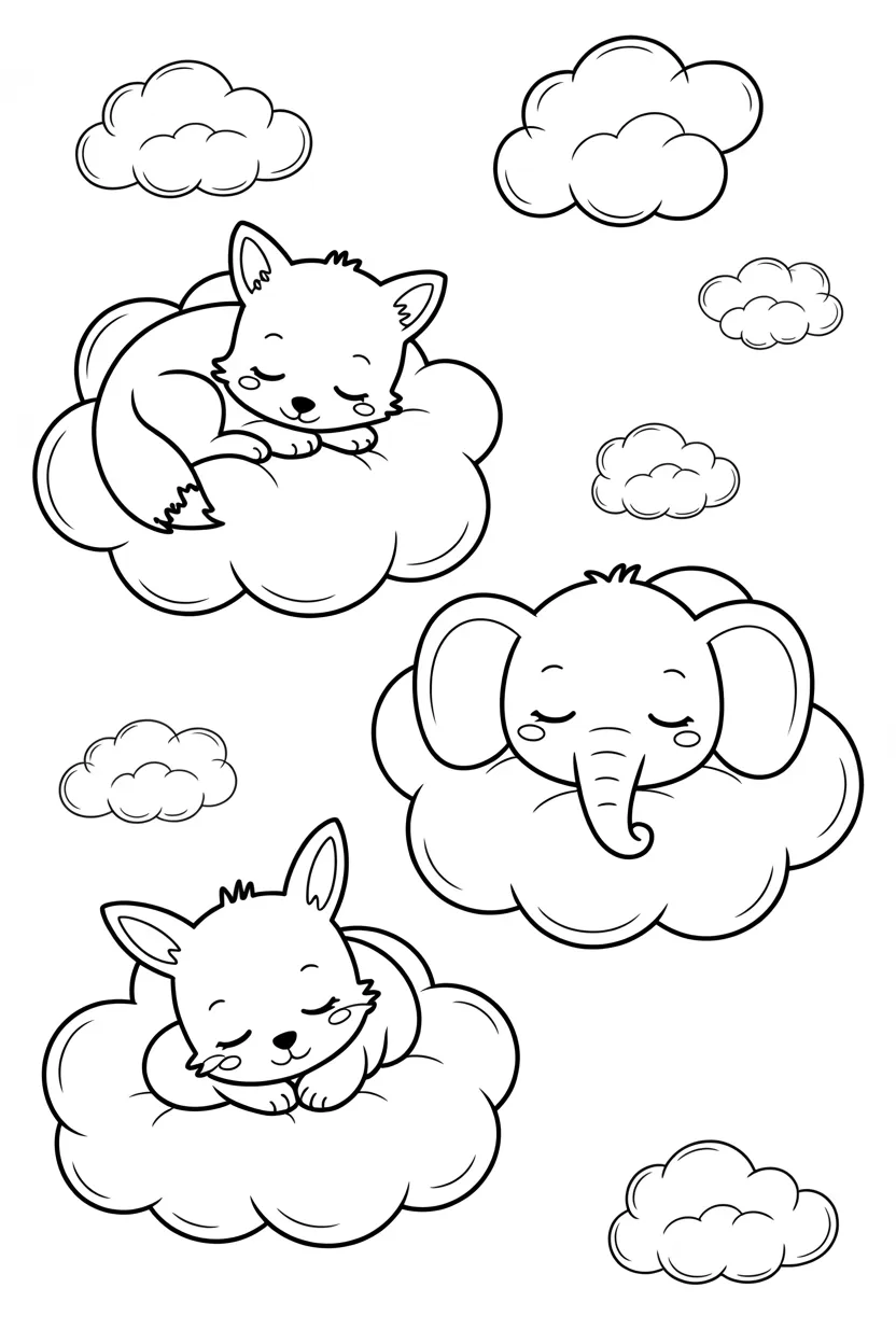 baby animals sleeping on clouds coloring pages free printable