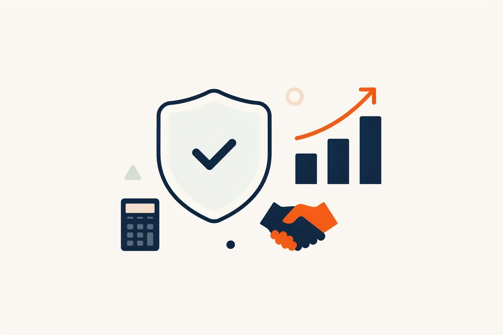 Illustration of a shield with a checkmark, growth chart, and handshake representing trust in financial services