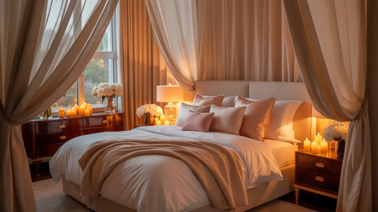 A softly glowing romantic bedroom at dusk, warm bedside lamps, candles, flowing curtains, plush bed, blush and cream palette, tender peaceful mood, luxurious and emotionally warm atmosphere