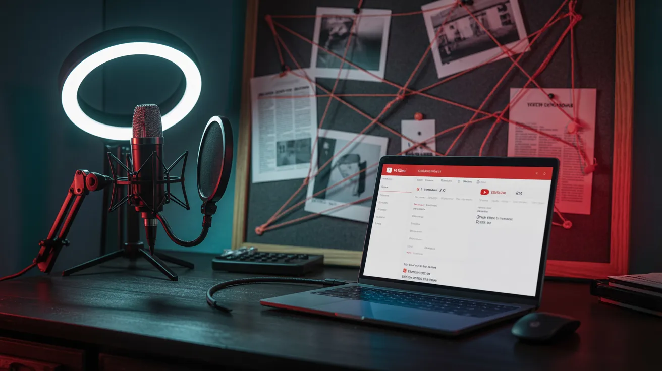 Professional true crime content creator workspace with microphone laptop and investigation board
