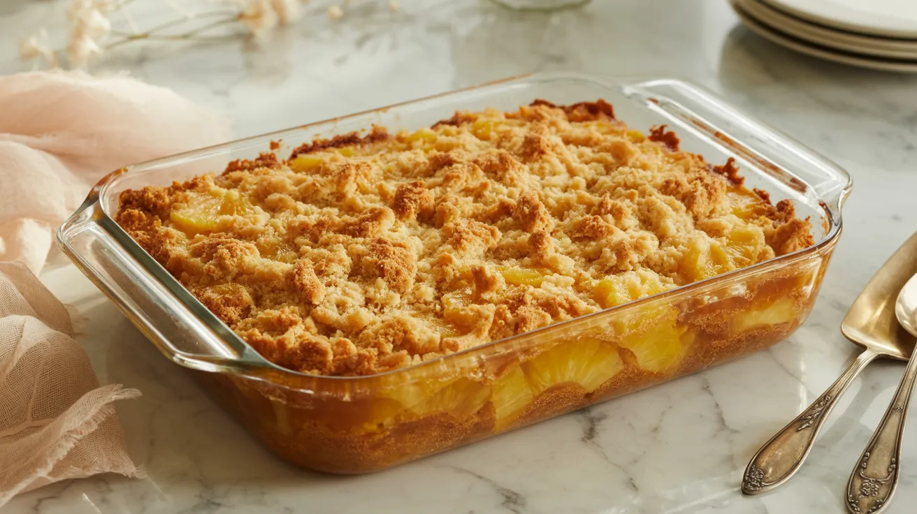 Pineapple dump cake in a glass 9x13 baking pan with golden buttery crispy topping