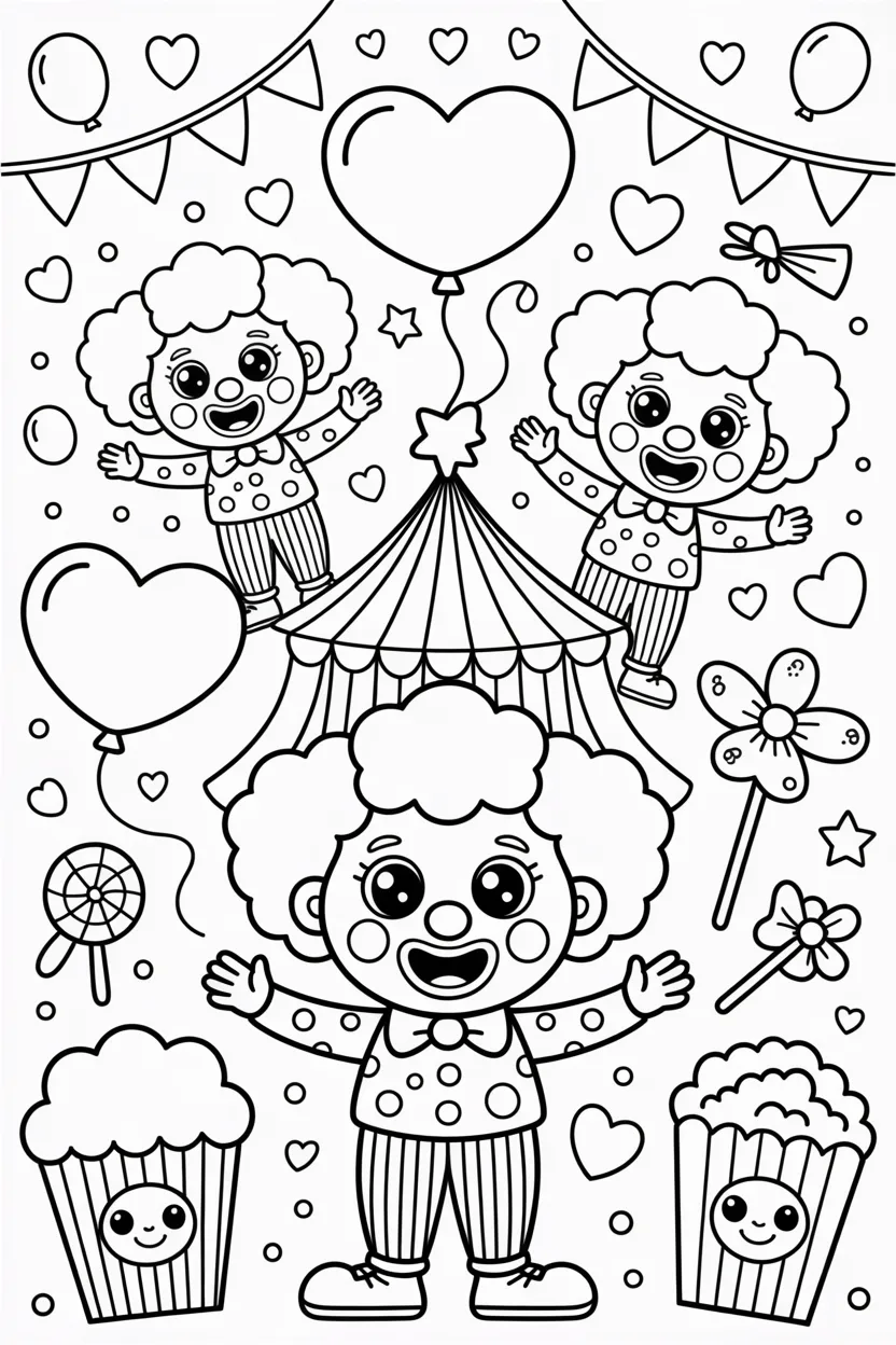 Kawaii circus scene coloring pages