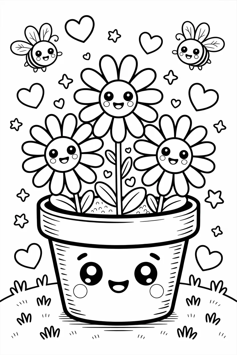 cute kawaii flowers pot coloring pages free printable