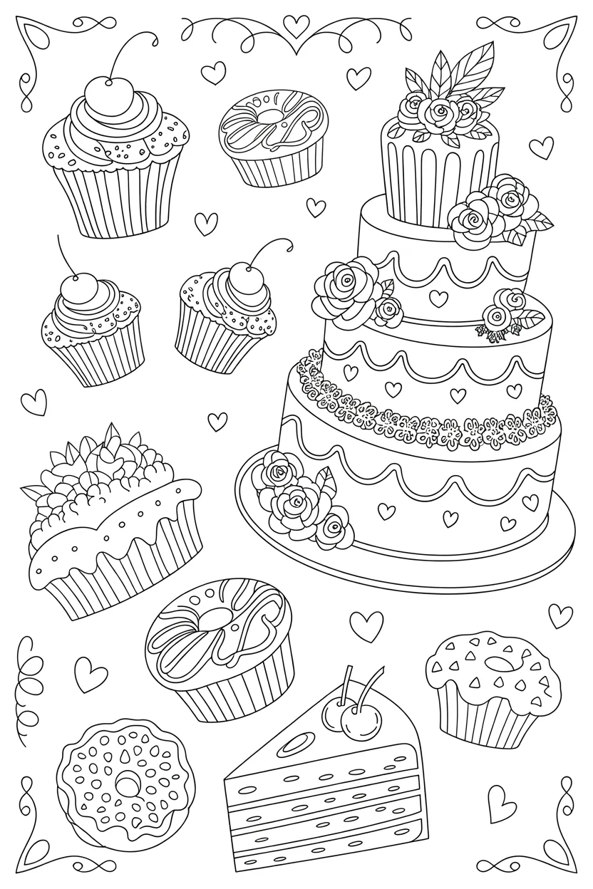 5 Cakes coloring pages free printable