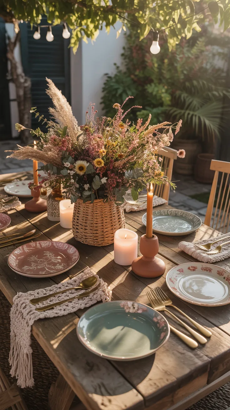 Wide angle shot of gorgeous spring patio transformation, woman in floral sundress sipping coffee in beautifully refreshed bohemian outdoor lounge with wicker chairs and potted plants in golden morning light