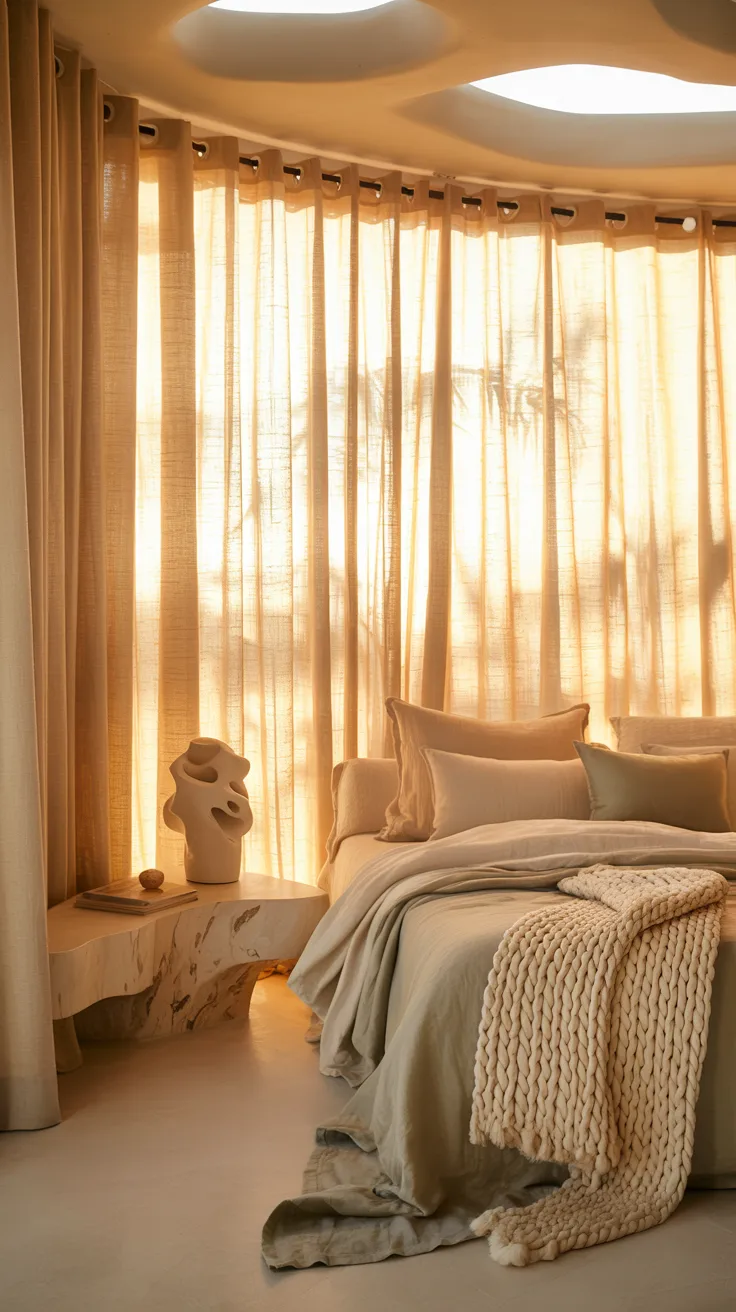 cozy bedroom with floor-to-ceiling linen curtains, warm filtered sunlight, plush bedding, soft neutral palette, airy yet warm aesthetic