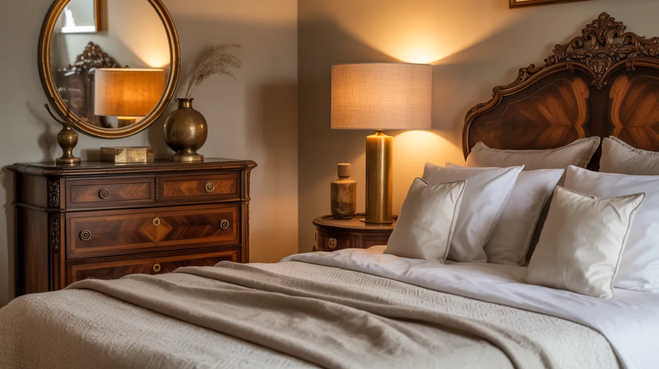 A charming vintage bedroom blending antique and modern elements,  antique wood dresser, modern soft bedding, brass mirror, neutral palette, warm lamp lighting, balanced, collected design, timeless and inviting atmosphere