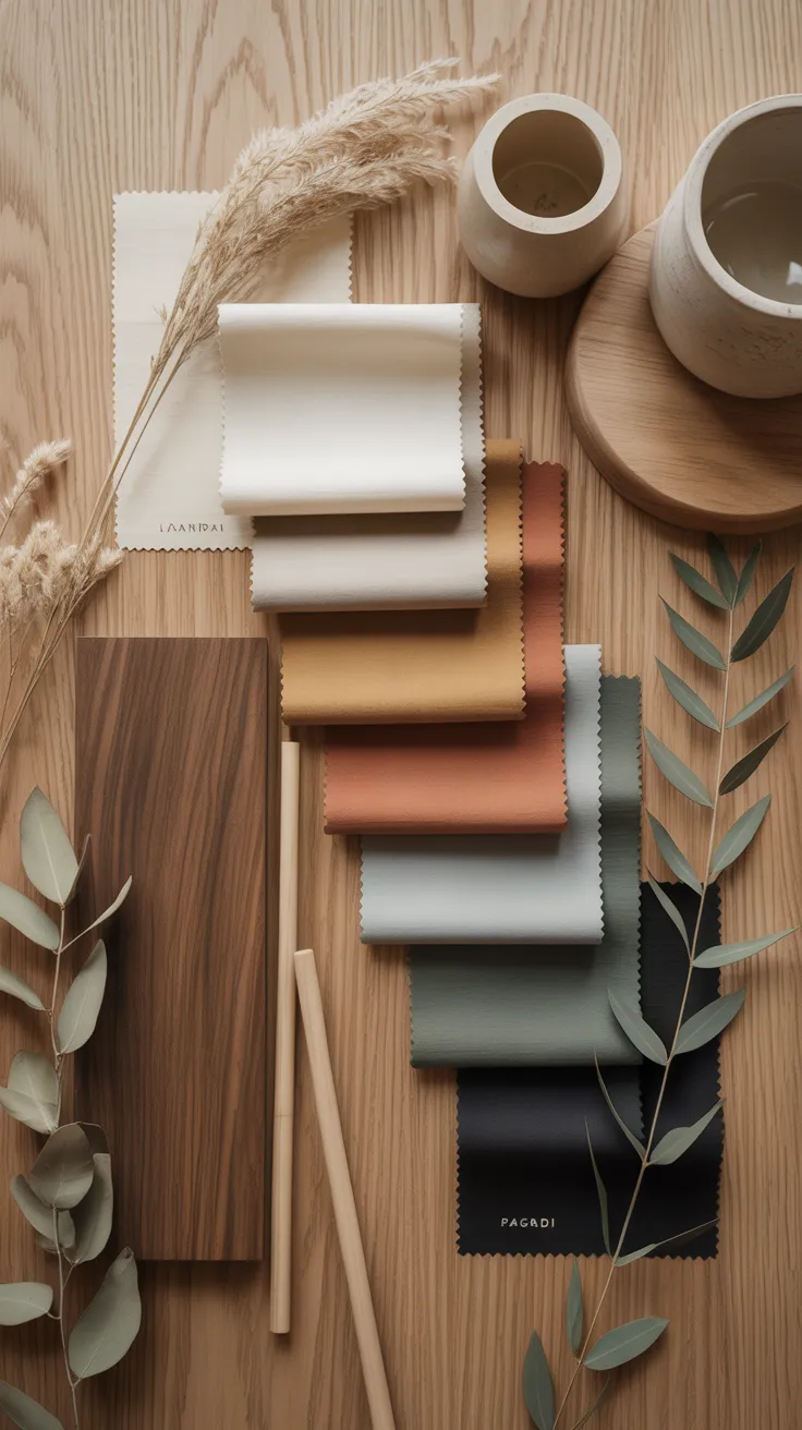 Japandi color palette flat lay featuring dark walnut wood, charcoal linen, natural undyed linen, matte clay ceramic, slate tile, bonsai sprig, dark river pebble, and dried botanical stem.