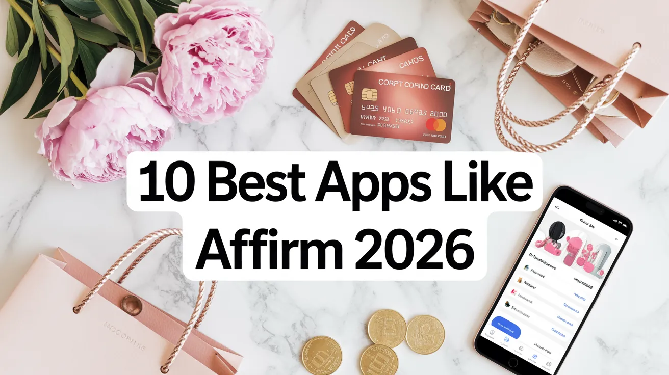 Feminine flat lay with smartphone showing buy now pay later app, rose gold credit card, pink peonies, and gold coins on white marble — best apps like Affirm 2026 guide