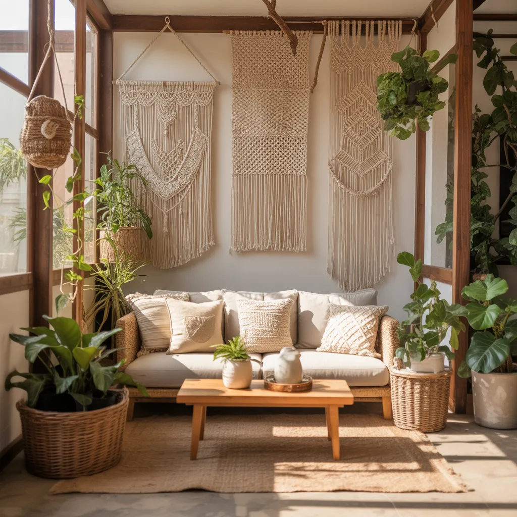 Boho patio wall with large macrame hanging surrounded by terracotta pots with trailing plants and Edison lights creating a warm dreamy glow