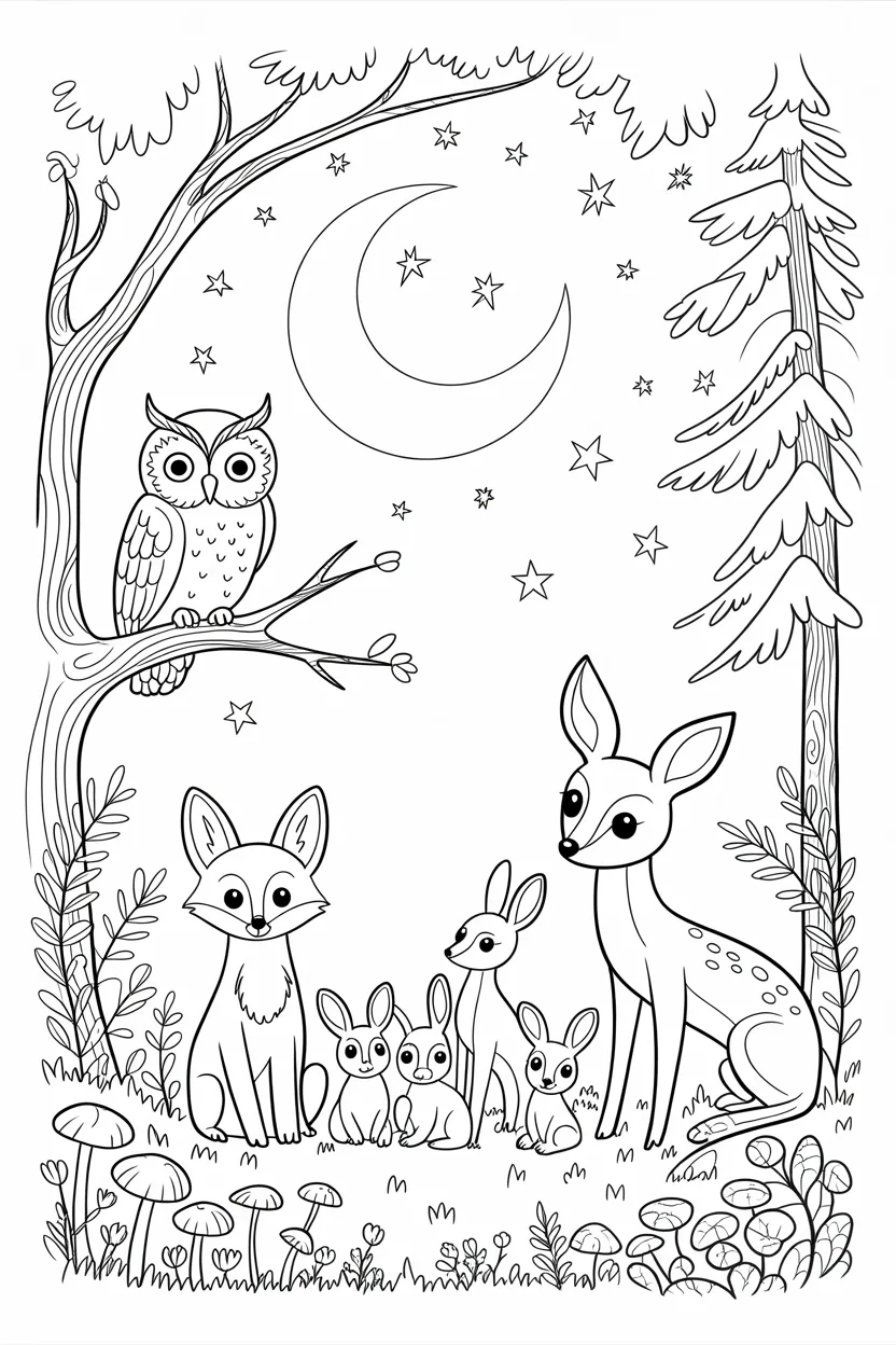 5 forest animals coloring pages night scene free printable