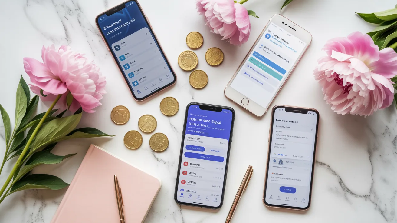 Multiple smartphones displaying finance and cash advance apps arranged on a marble surface with pink peonies, gold coins, and rose silk accessories
