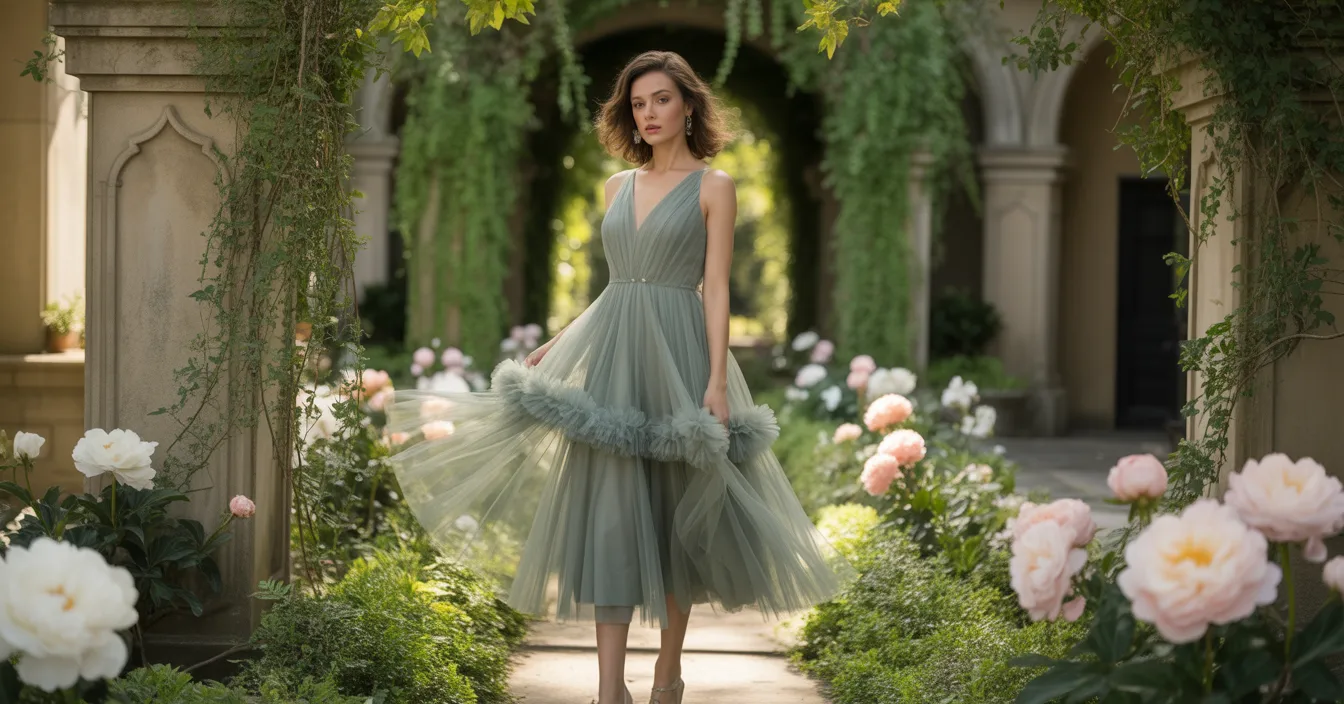 Ethereal Sage Green Tulle Midi Dress