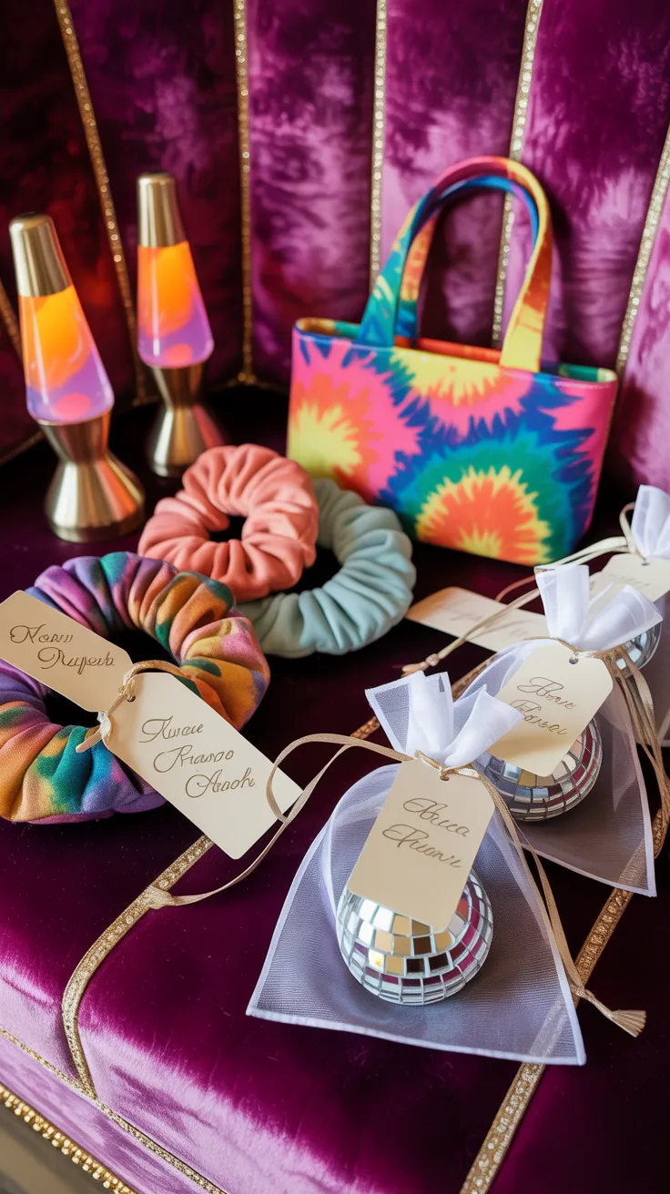 Retro bridal shower favor display with mini lava lamps, tie-dye totes, and disco balls in organza bags