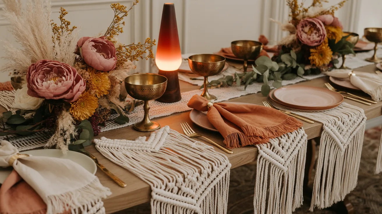 Elegant retro bridal shower table setup in 70s boho style with lava lamp centerpiece and vintage coupe glasses