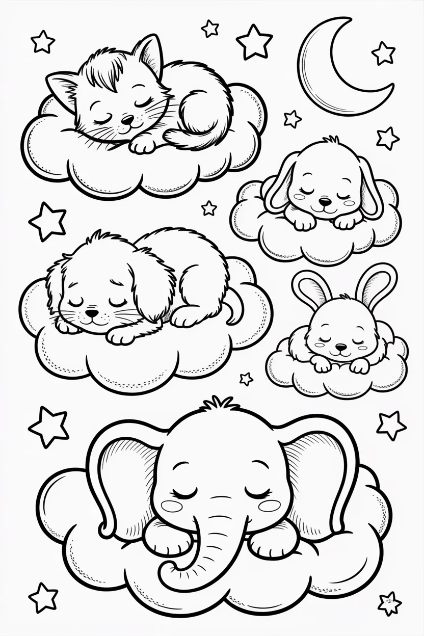 baby animals sleeping on clouds coloring pages free printable