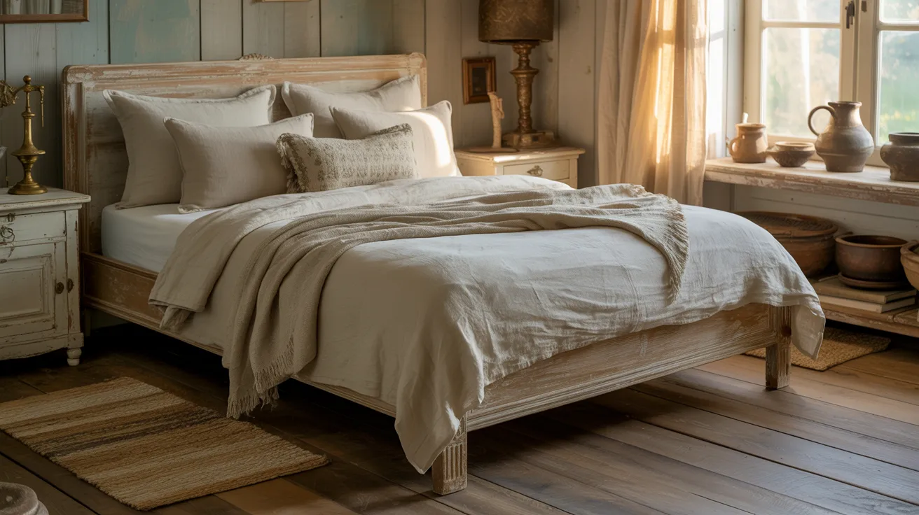 A beautifully blended rustic cottage bedroom, soft neutral bedding, weathered wood furniture, vintage accents, woven textures, gentle daylight, cozy and charming atmosphere with refined countryside elegance